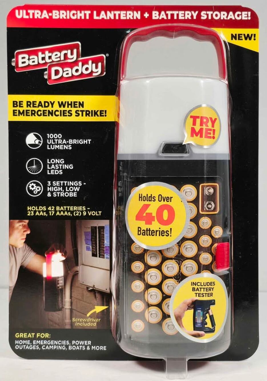 Battery Daddy Ultra-Bright Lantern, Battery Storage 1,000 Lumens, Battery Tester